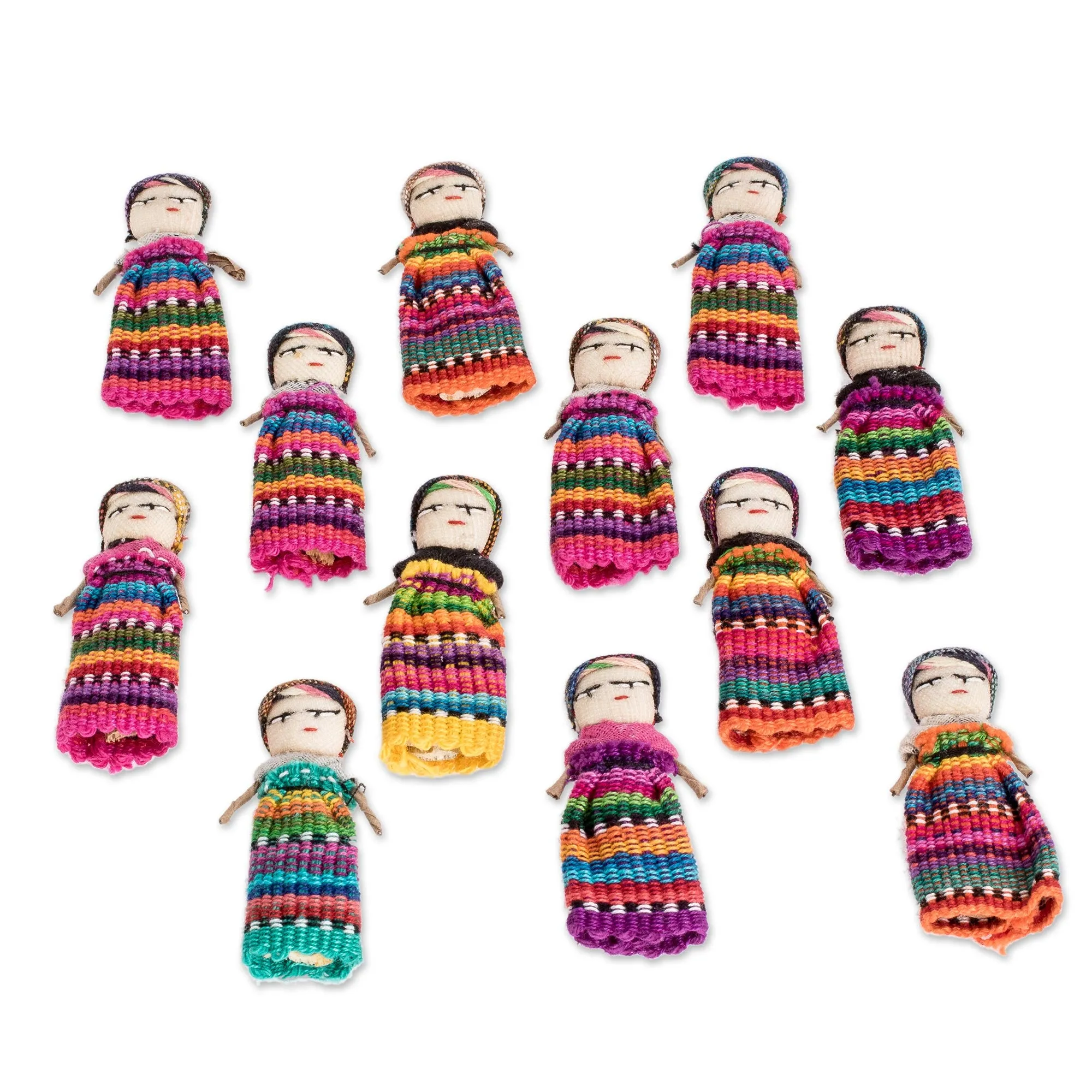 12 Guatemala Handcrafted Cotton Worry Doll Figurines - A Dozen Friends | NOVICA