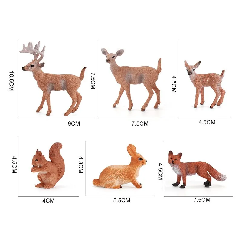 6pcs/set Forest Animals Figures Wild Mini Animal Simulation Model Toys Deer  Fox Rabbit Squirrel Action Figure Figurines Toy for Kid Gift