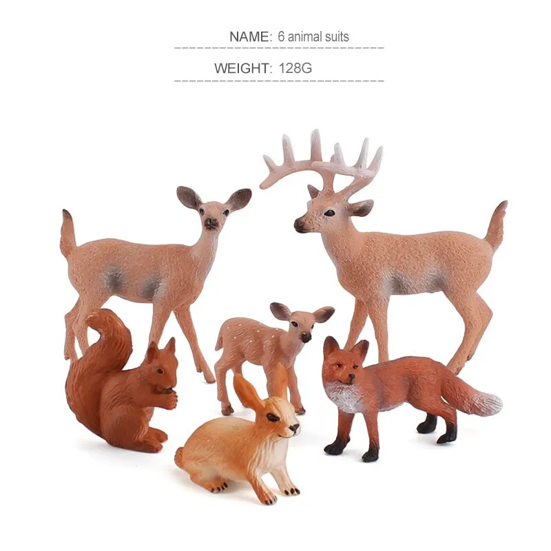 6pcs/set Forest Animals Figures Wild Mini Animal Simulation Model Toys Deer  Fox Rabbit Squirrel Action Figure Figurines Toy for Kid Gift