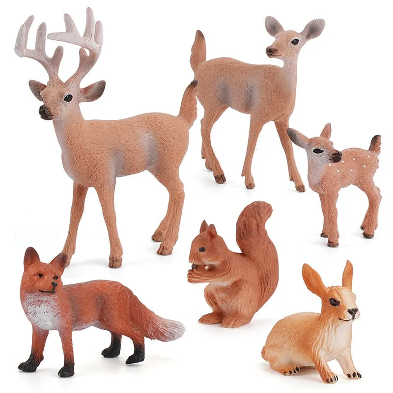 6pcs/set Forest Animals Figures Wild Mini Animal Simulation Model Toys Deer  Fox Rabbit Squirrel Action Figure Figurines Toy for Kid Gift