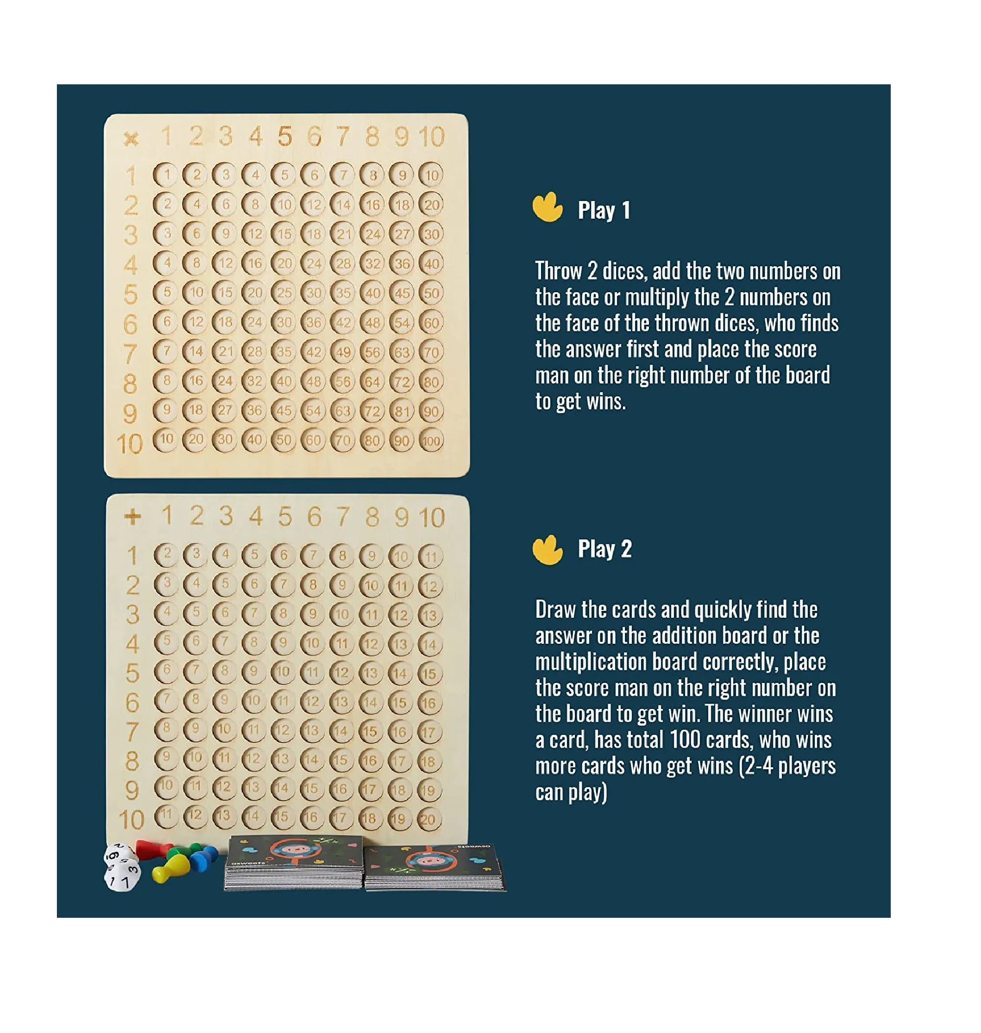 Asweets 2 in 1 Wooden Montessori Multiplication Addition Board Game Montessori Toy Educational Math Table Board Game Double-Sided Boards for Toddlers and Preschool Gifts for Kids