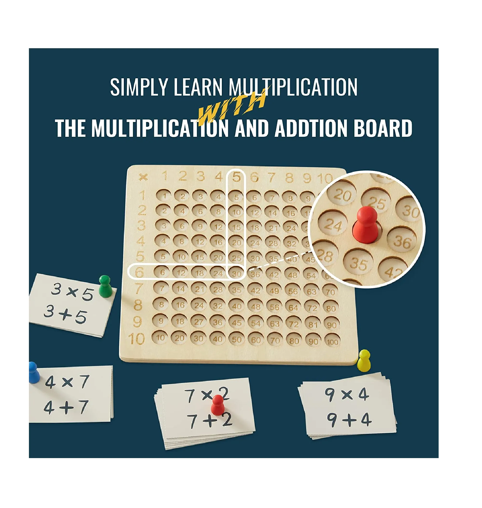 Asweets 2 in 1 Wooden Montessori Multiplication Addition Board Game Montessori Toy Educational Math Table Board Game Double-Sided Boards for Toddlers and Preschool Gifts for Kids