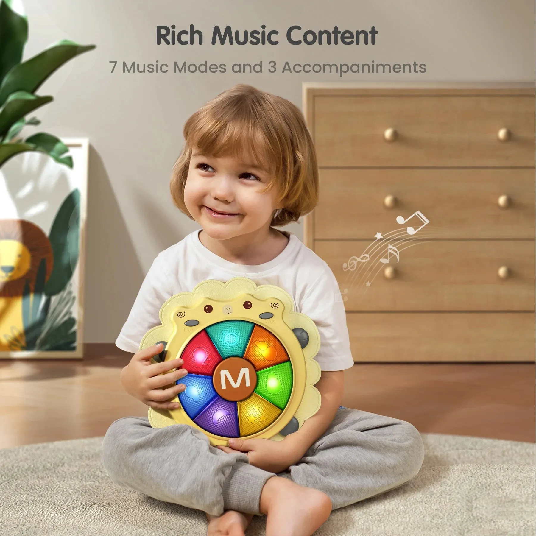 Baby musical drum toy sheep musical instrument with light and sound, sleep soother, sensory activity learning toy for baby infant 18 Months 