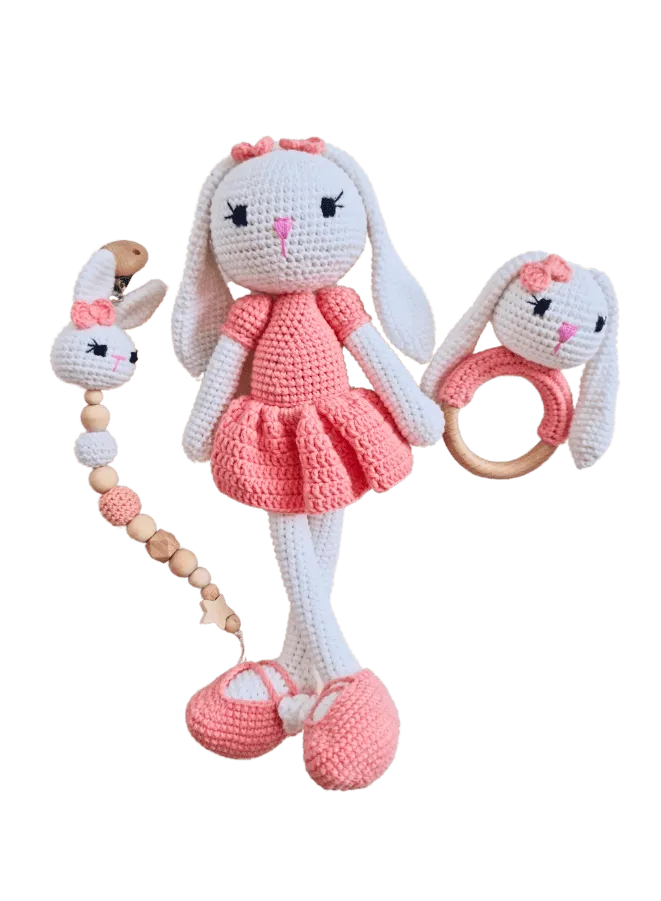 Handmade Natural Wooden and Cotton Crochet Doll with rattle and Pacifier Chain for Toddlers, Pink Bunny, 25cm