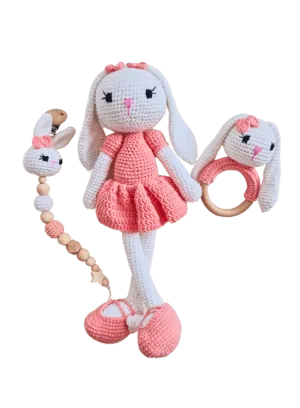 Handmade Natural Wooden and Cotton Crochet Doll with rattle and Pacifier Chain for Toddlers, Pink Bunny, 25cm