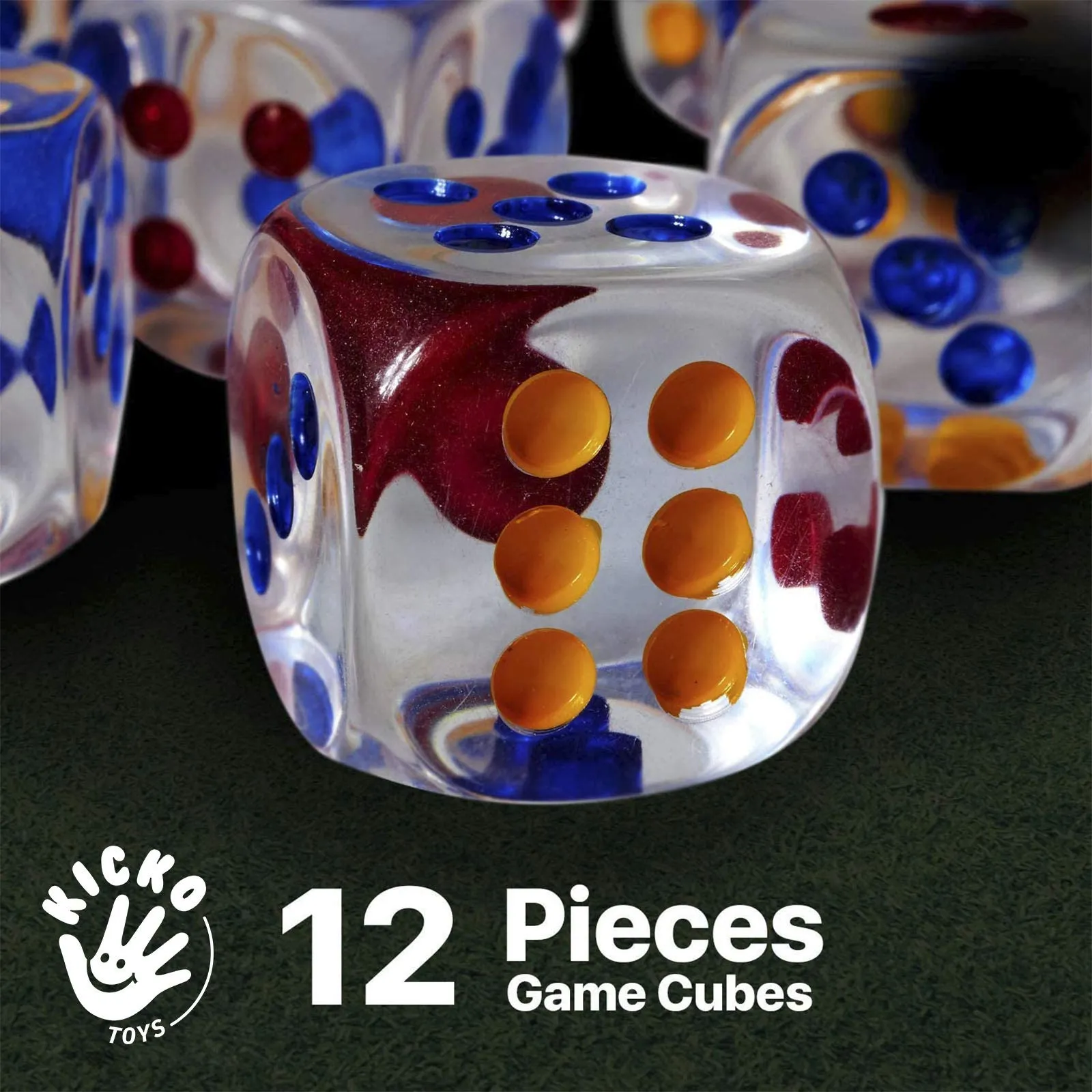 Kicko 1 Inch Transparent Dice Set - Pack of 12 Oversized Colorful 6-sided Replacement Game