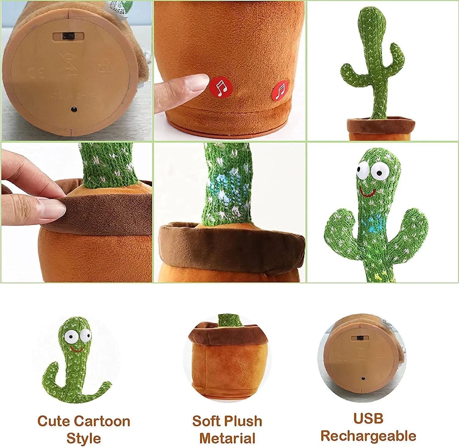 SUPER TOY Dancing Cactus Singing Plush Toy with Rechargeable Cable & Recording Function - Repeat What You Say - Pack of 1
