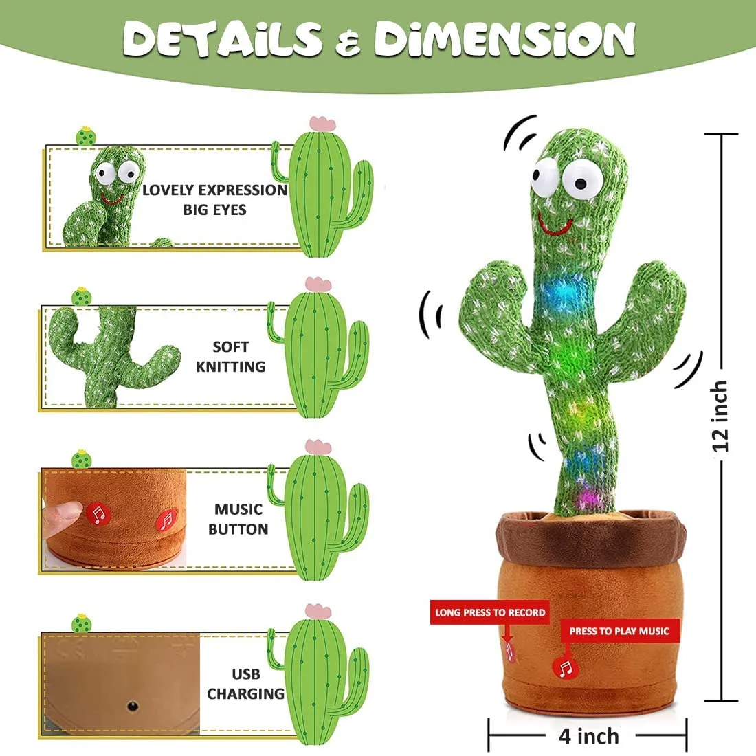 SUPER TOY Dancing Cactus Singing Plush Toy with Rechargeable Cable & Recording Function - Repeat What You Say - Pack of 1