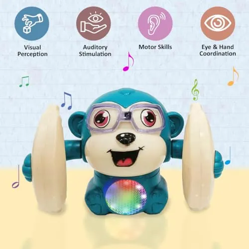 Wembley Dancing Monkey Musical Toy for Kids Baby Spinning Rolling Doll Tumble Toy with Voice Control Musical Light and Sound Effects with Sensor - ISI Mark - Made in India